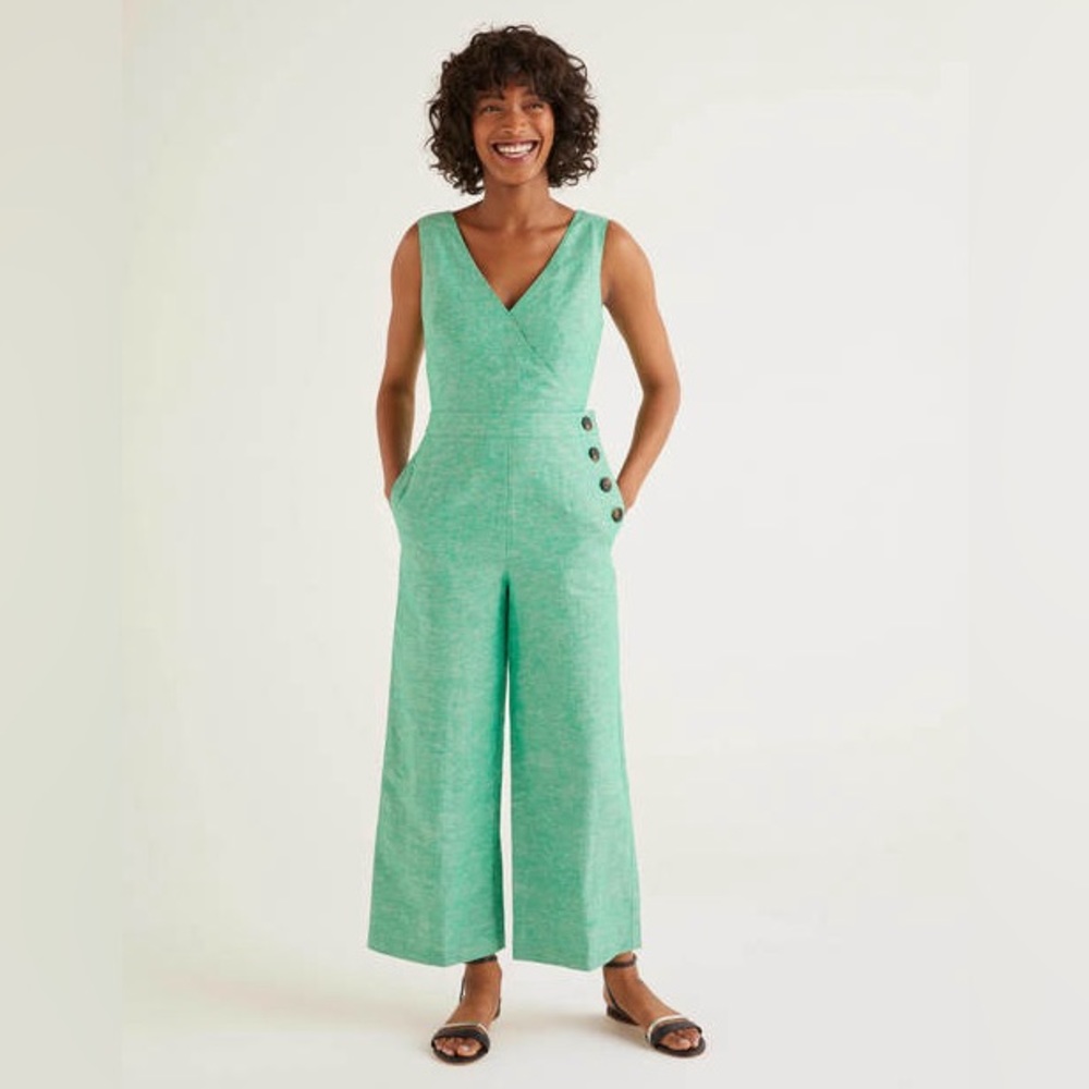 Boden Green Sleeveless V-Neck Wide-Leg Jumpsuit